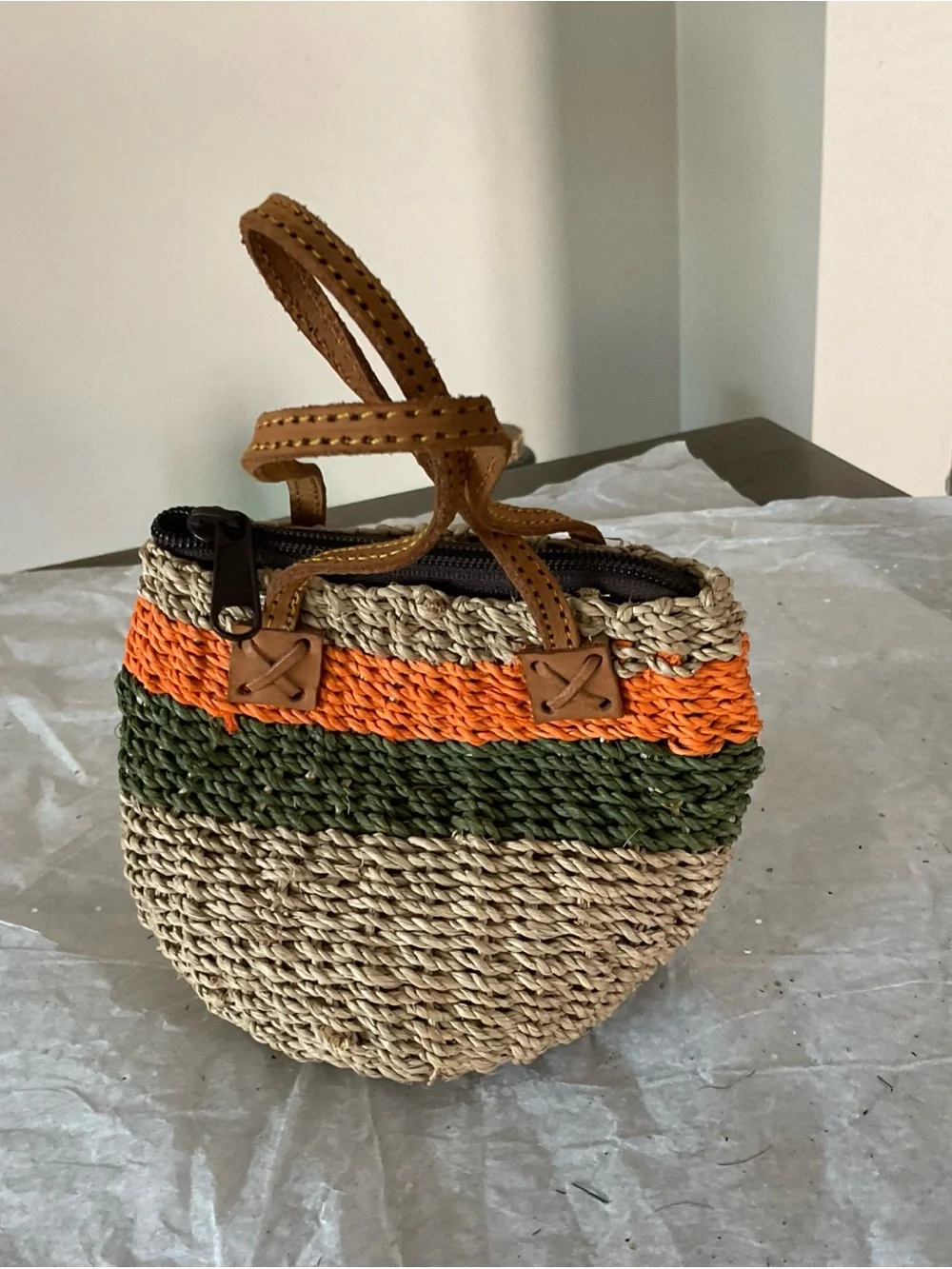 Mini  African Woven Sisal Kiondo Leather Strap with Zip